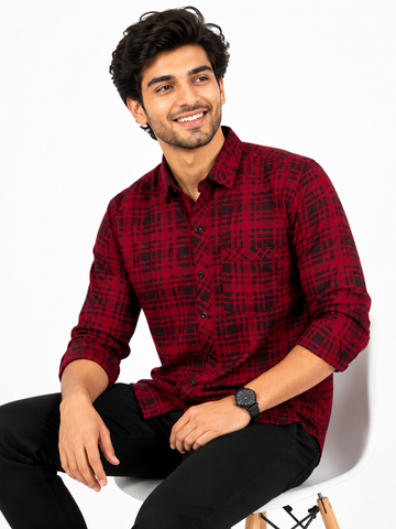 Garment Globe Men's Cotton Blend Checked Full Sleeve Casual Shirt – Regular Fit, Chest Pocket, Soft & Breathable Fabric (Red & Black)
