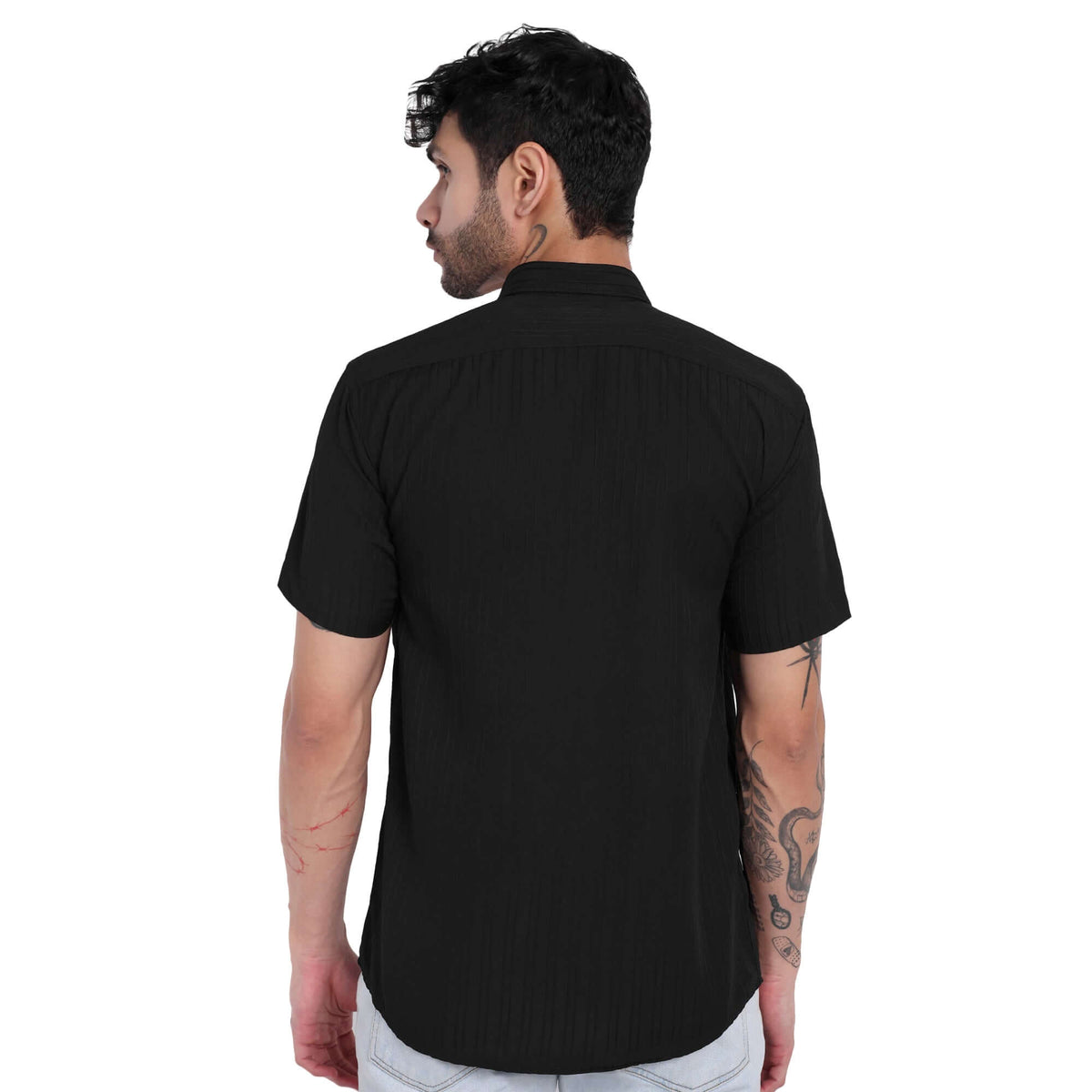 Men’s Half-Check Short Sleeve Shirt black color - Side / Back Profile