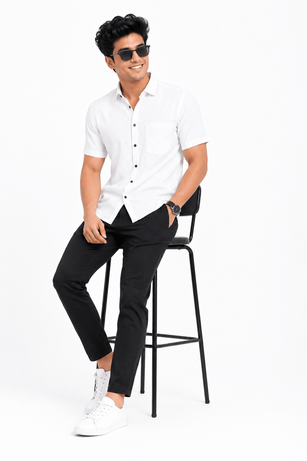 Men's Casual Half Shirt Slimfit Popcorn Check - GarmentGlobe Style View 4