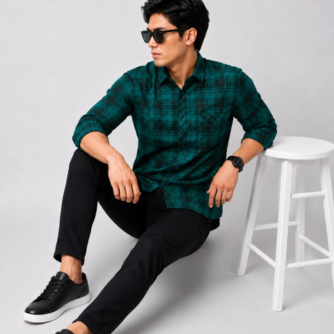 Men's Green & Black Plaid Casual Regular Fit Shirt