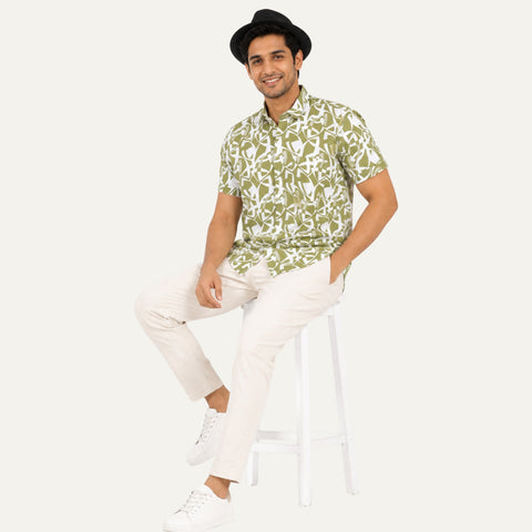 Men’s Half-Check Cotton Printed Beach Shirt