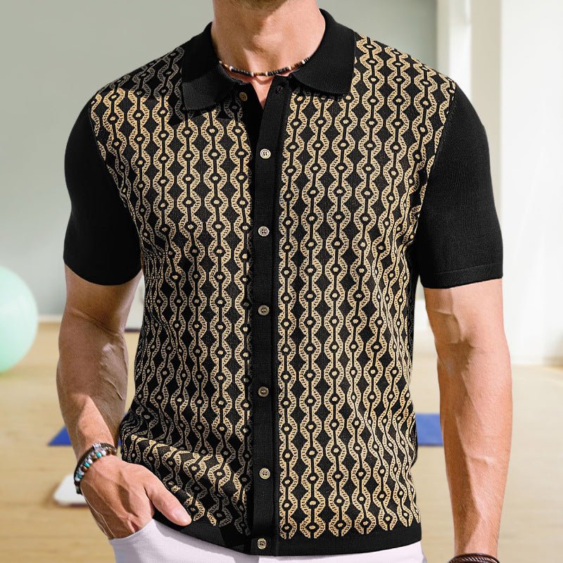 Summer Tencel Short - sleeved Sweater Lapel Jacquard Cardigan For Men - GarmentGlobe