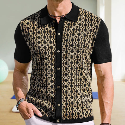 Summer Tencel Short - sleeved Sweater Lapel Jacquard Cardigan For Men - GarmentGlobe