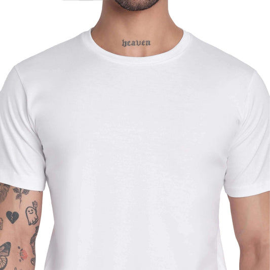 Plain white round neck t-shirt for men, showing fabric and fit details, perfect for casual wear.