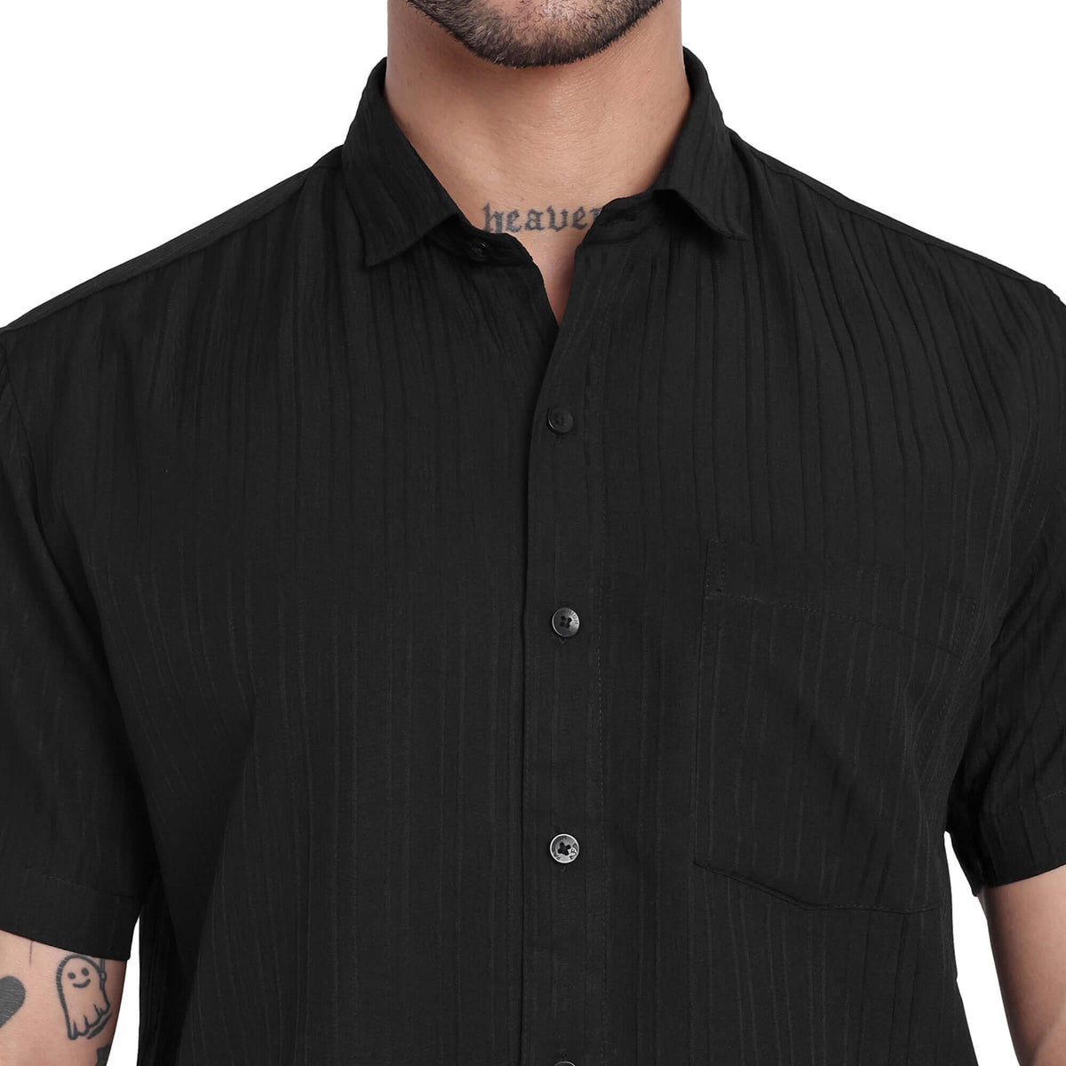Men’s Half-Check Short Sleeve Shirt black color - GarmentGlobe Style View 4