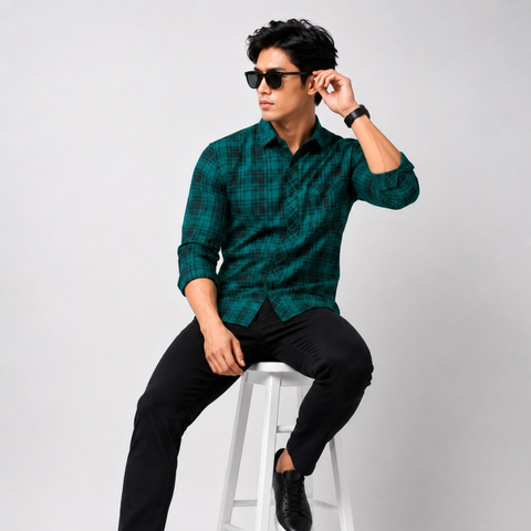 Men's Green & Black Plaid Casual Regular Fit Shirt