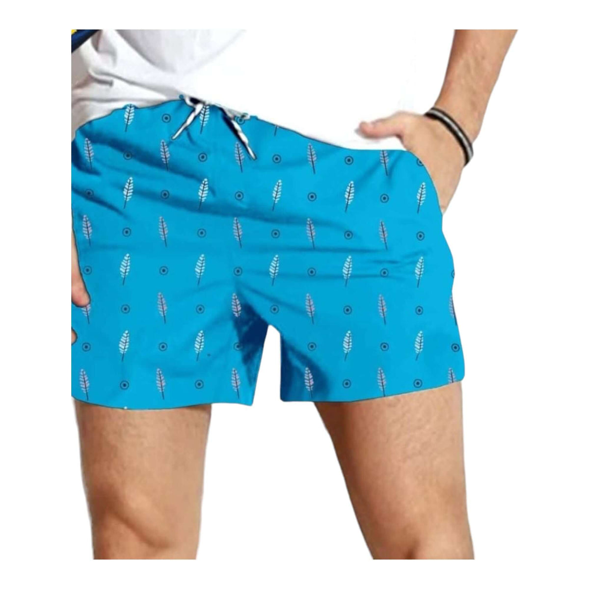 Blue patterned swim shorts with a drawstring, ideal for comfortable summer wear.
