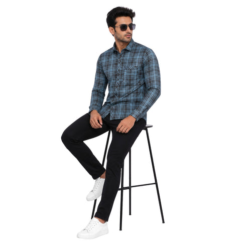 Men's Blue & Black Checked Casual Full Sleeve Shirt