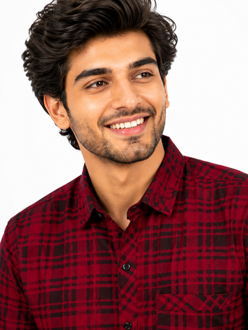 Garment Globe Men's Cotton Blend Checked Full Sleeve Casual Shirt – Regular Fit, Chest Pocket, Soft & Breathable Fabric (Red & Black)