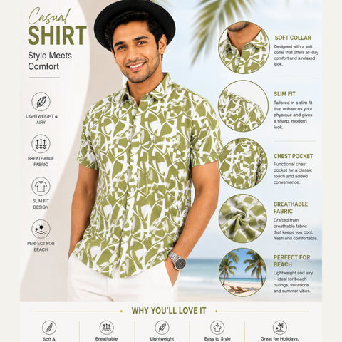 Men’s Half-Check Cotton Printed Beach Shirt