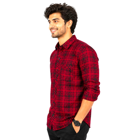 Men's Red Black Plaid Cotton Casual Shirt Side View | GarmentGlobe