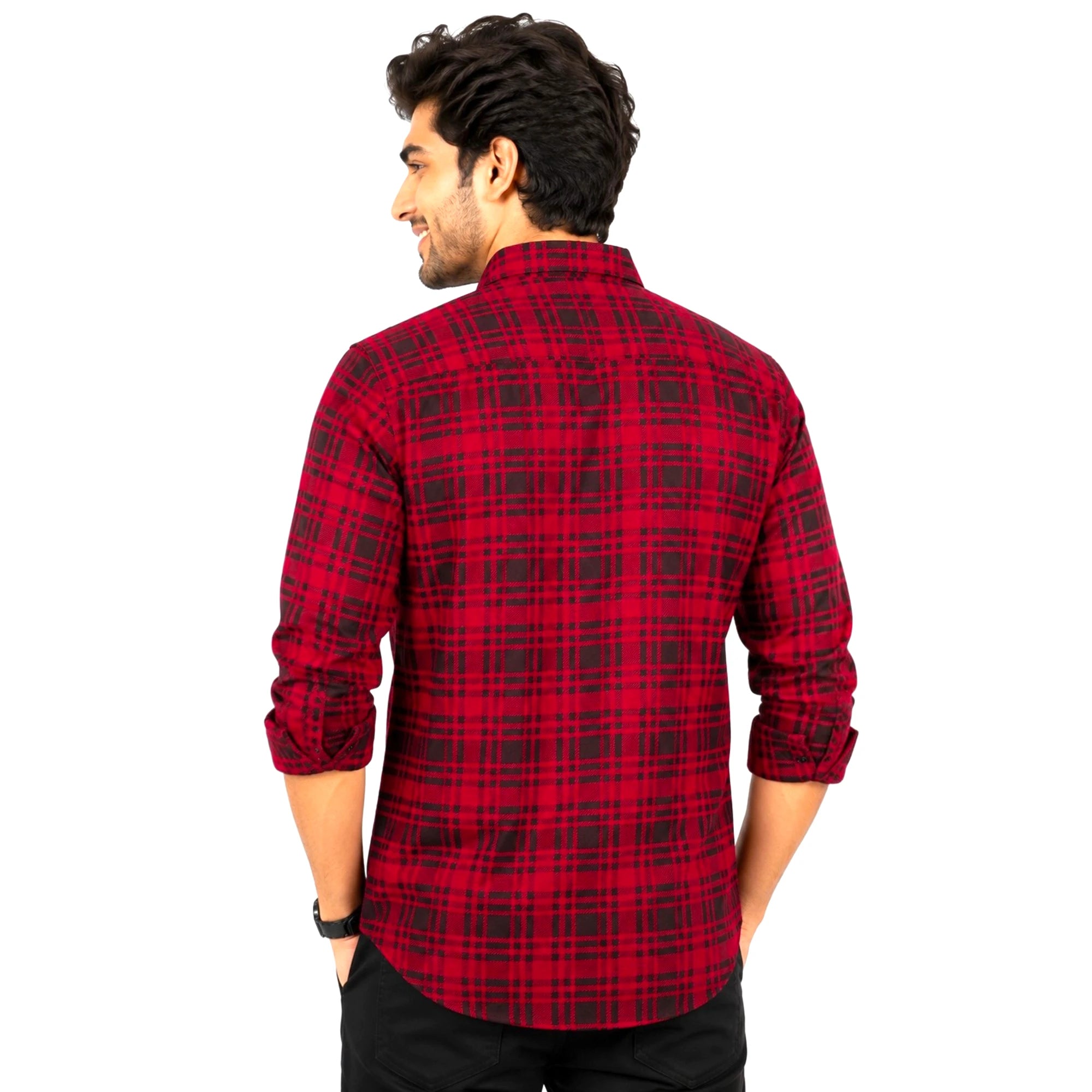 Men's Red Black Checked Cotton Casual Shirt Back View | GarmentGlobe