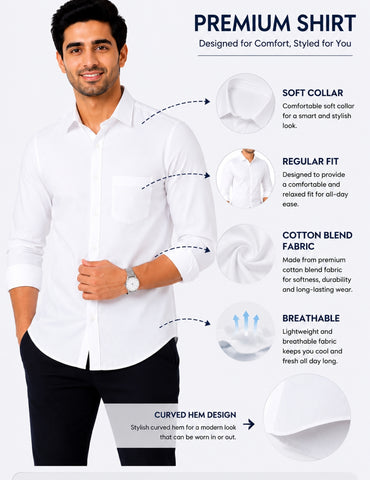 Garment Globe Men's Cotton Blend White Shirt | Regular Fit Full Sleeve Casual & Formal Shirt for Men | Soft Collar | Breathable Office Wear Shirt