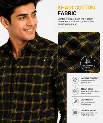 Garment Globe Men's Blue Check Shirt Khadi Cotton, Office & Home