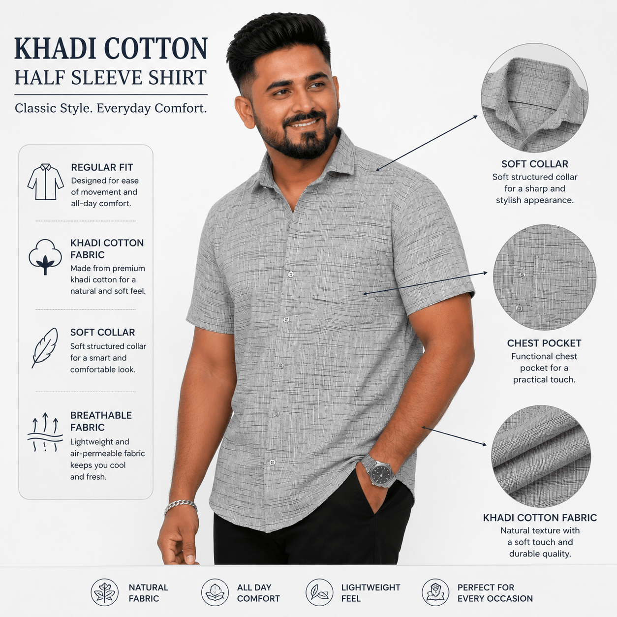 khadi half shirt front look fabric