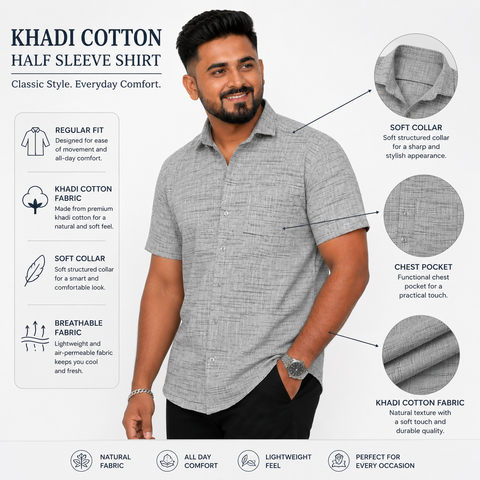 Men's Khadi Cotton Half Sleeve Casual Shirt | Soft & Breathable Regular Fit Shirt | Grey