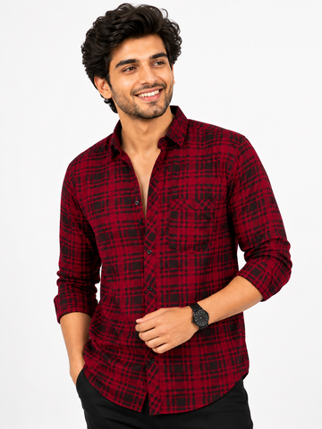 Garment Globe Men's Cotton Blend Checked Full Sleeve Casual Shirt – Regular Fit, Chest Pocket, Soft & Breathable Fabric (Red & Black)