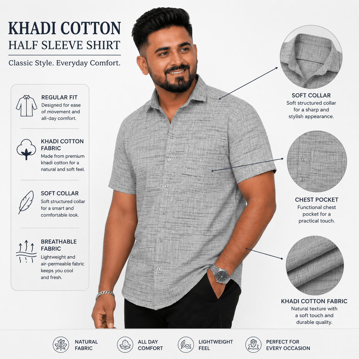 khadi half shirt front look fabric