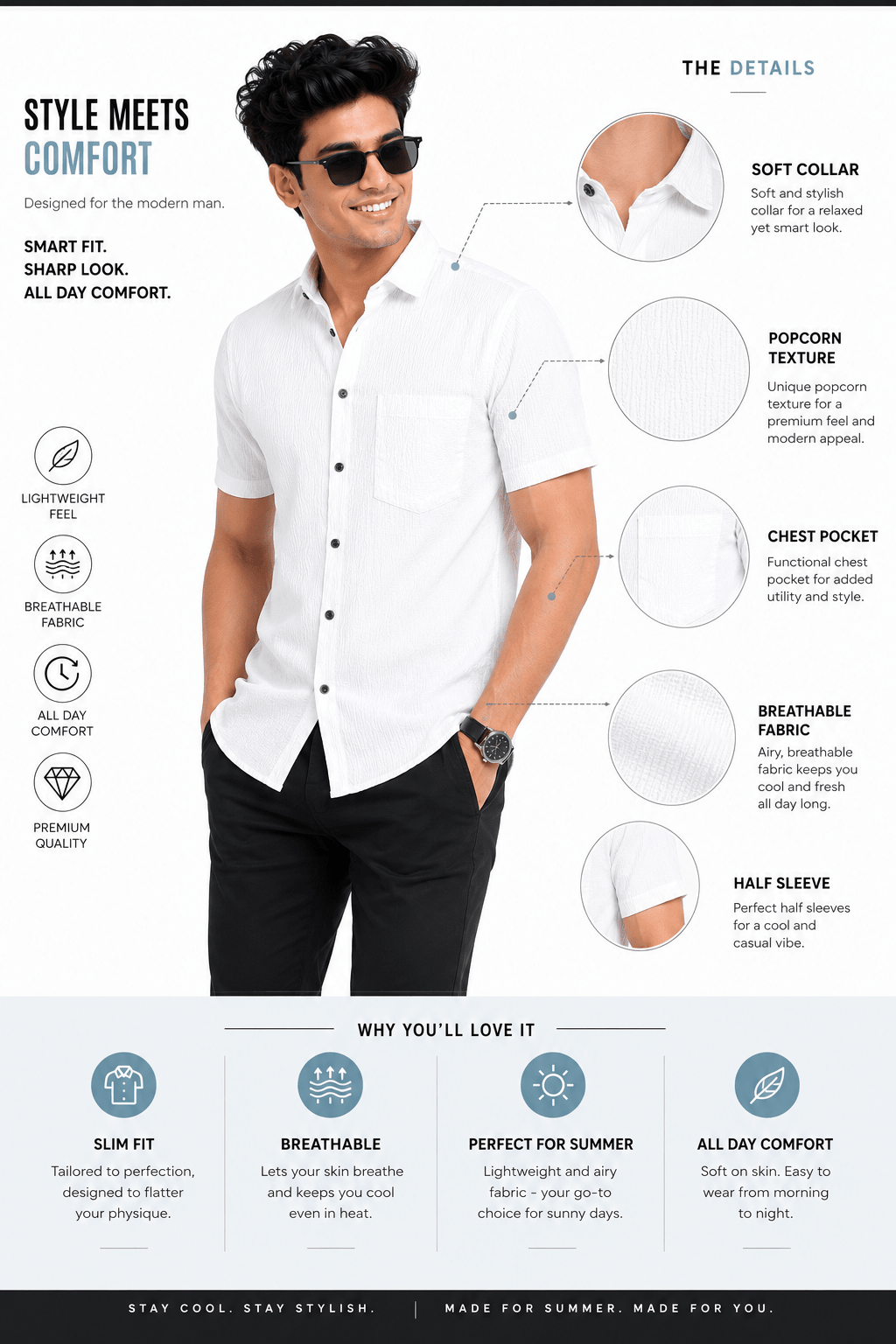 Garment Globe Men's Casual Half Shirt Slimfit Popcorn Check