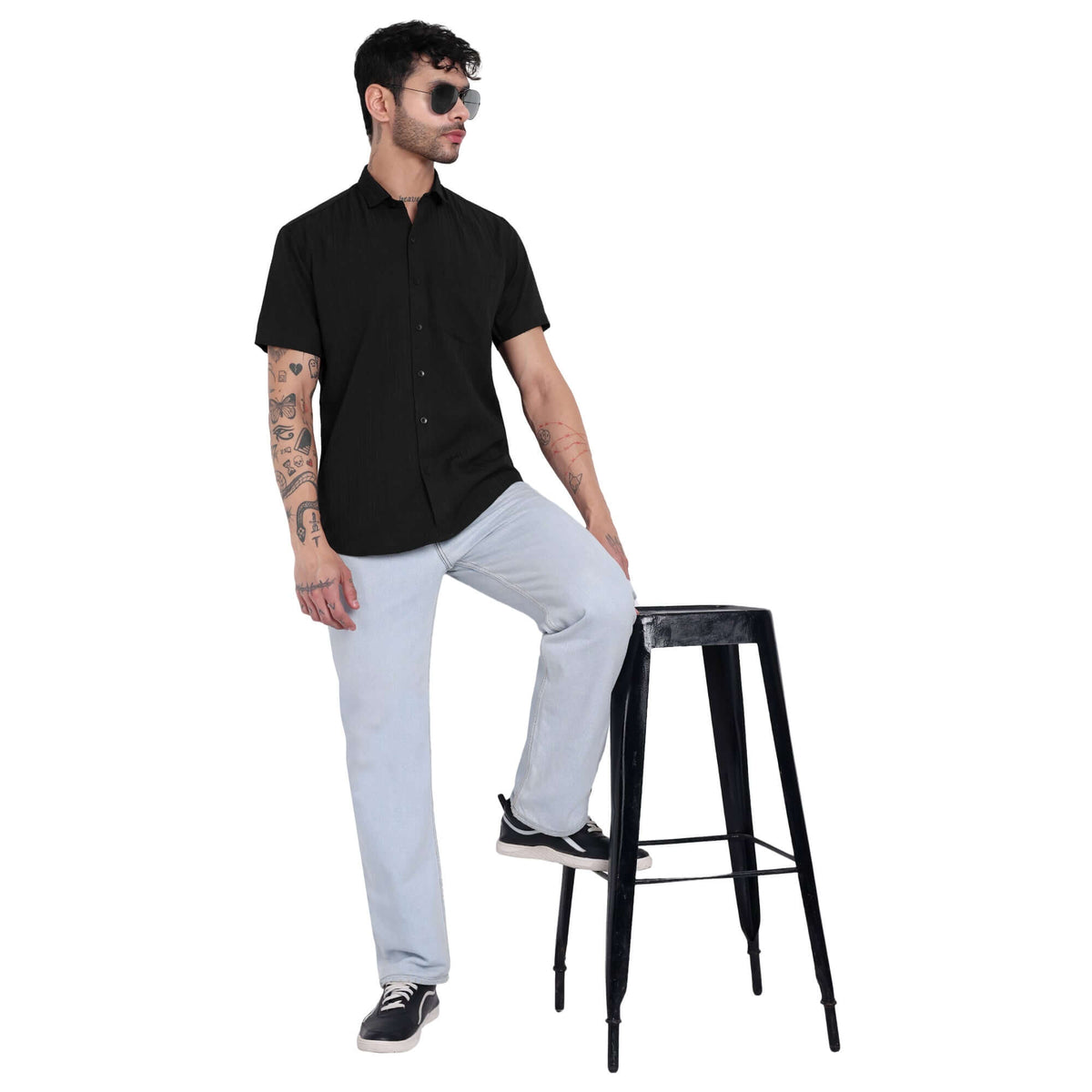 Men’s Half-Check Short Sleeve Shirt black color - GarmentGlobe Style View 5