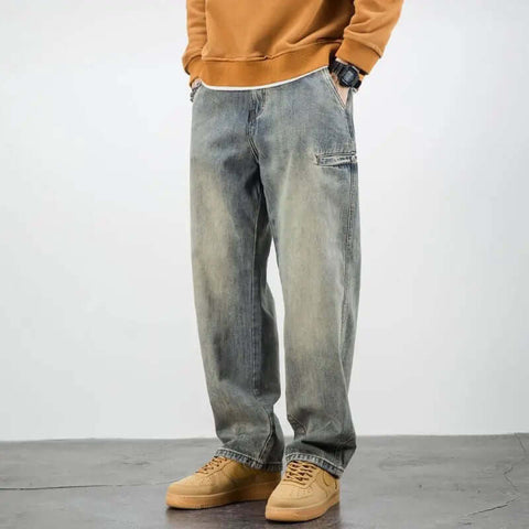 American Casual Yellow Mud Dyed Jeans Straight Loose GarmentGlobe
