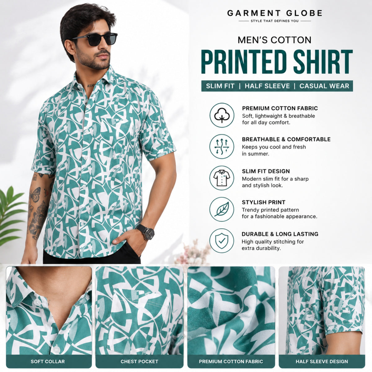 Men’s Half-Check Cotton Printed Half Sleeve Shirt