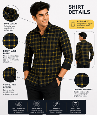 Garment Globe Men's Blue Check Shirt Khadi Cotton, Office & Home