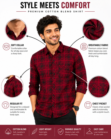 Garment Globe Men's Cotton Blend Checked Full Sleeve Casual Shirt – Regular Fit, Chest Pocket, Soft & Breathable Fabric (Red & Black)