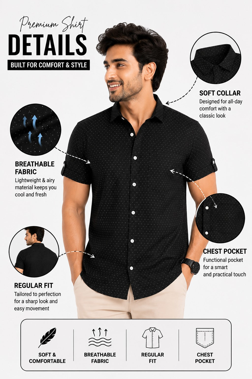 cotton half check shirt front look fabric details