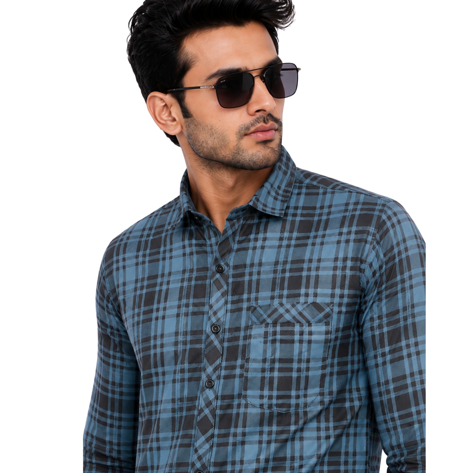 Men's Blue & Black Checked Casual Full Sleeve Shirt - GarmentGlobe
