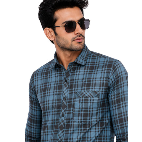 Men's Blue & Black Checked Casual Full Sleeve Shirt