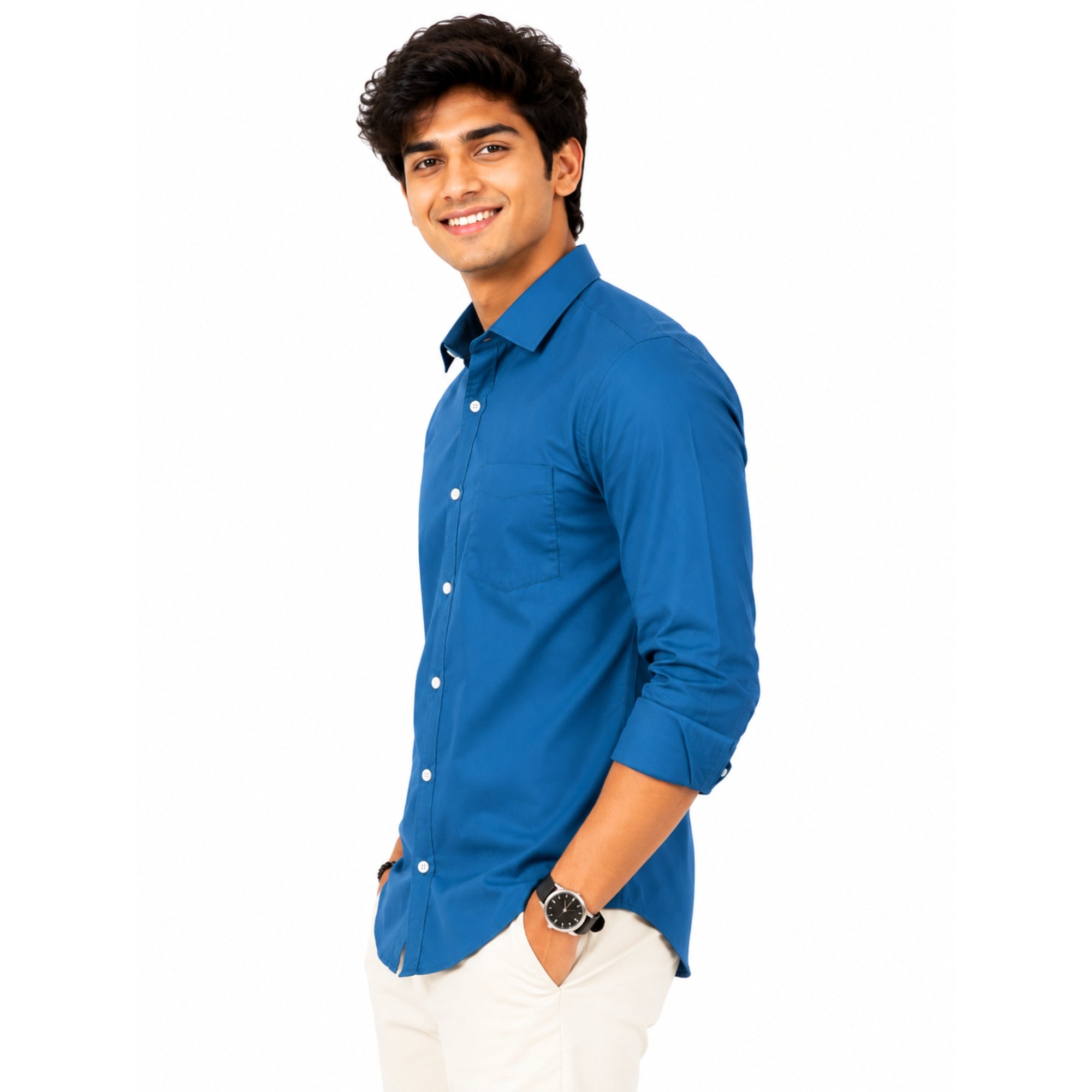 side look blue shirt