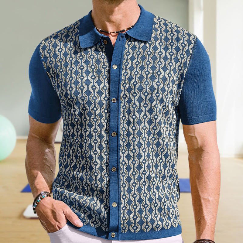 Summer Tencel Short - sleeved Sweater Lapel Jacquard Cardigan For Men - GarmentGlobe