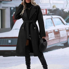 Lapel Double-breasted Trench Coat With Belt Winter Fashion Solid Color Long Jacket Outwear Women Clothing GarmentGlobe