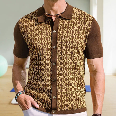 Summer Tencel Short - sleeved Sweater Lapel Jacquard Cardigan For Men - GarmentGlobe