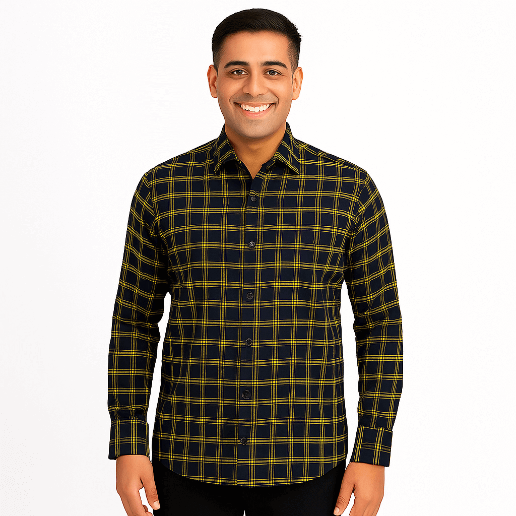 Garment Globe Men's Blue Check Shirt Khadi Cotton, Office & Home - GarmentGlobe