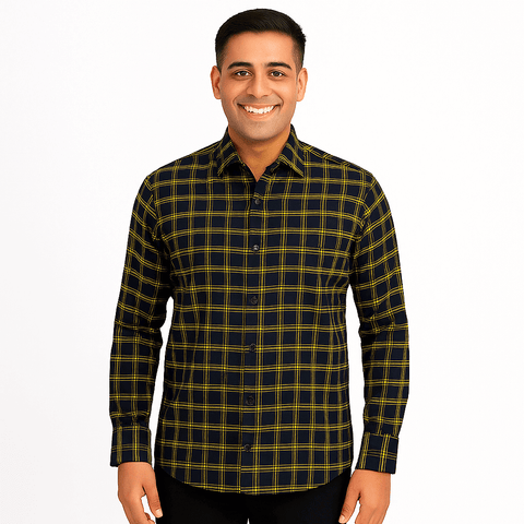 Garment Globe Men's Blue Check Shirt Khadi Cotton, Office & Home - GarmentGlobe