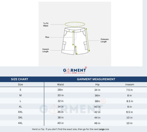 Size chart for GarmentGlobe men's boxer shorts, displaying waist, hip, and inseam measurements for each size.