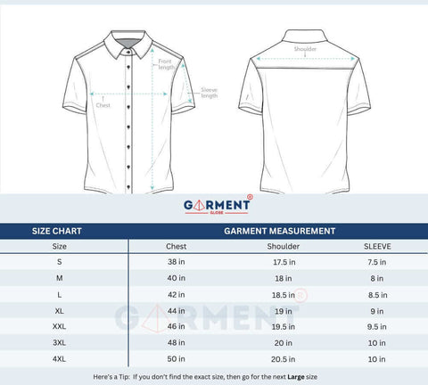 Size chart for men's shirts showing measurements for sizes S to 4XL including chest, shoulder, and sleeve length.