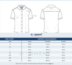 Size chart for men's shirts showing measurements for sizes S to 4XL including chest, shoulder, and sleeve length.