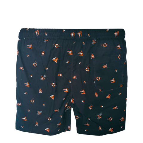 Men's black boxer shorts with colorful patterns and an elastic waistband, designed for comfort and style.
