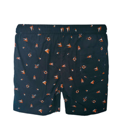 Men's black boxer shorts with colorful patterns and an elastic waistband, designed for comfort and style.