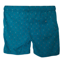 Men's boxer shorts in teal with colorful arrow pattern, featuring an elastic waistband and a back pocket.