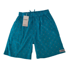 Stylish turquoise boxer shorts with playful pattern and drawstring waistband by Garment Globe.