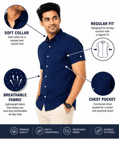 Men's Cotton Blend Casual Shirt | Half Sleeve Dot Printed Shirt | Regular Fit | Soft & Breathable Fabric | Stylish Collared Button-Down Summer Shirt for Men