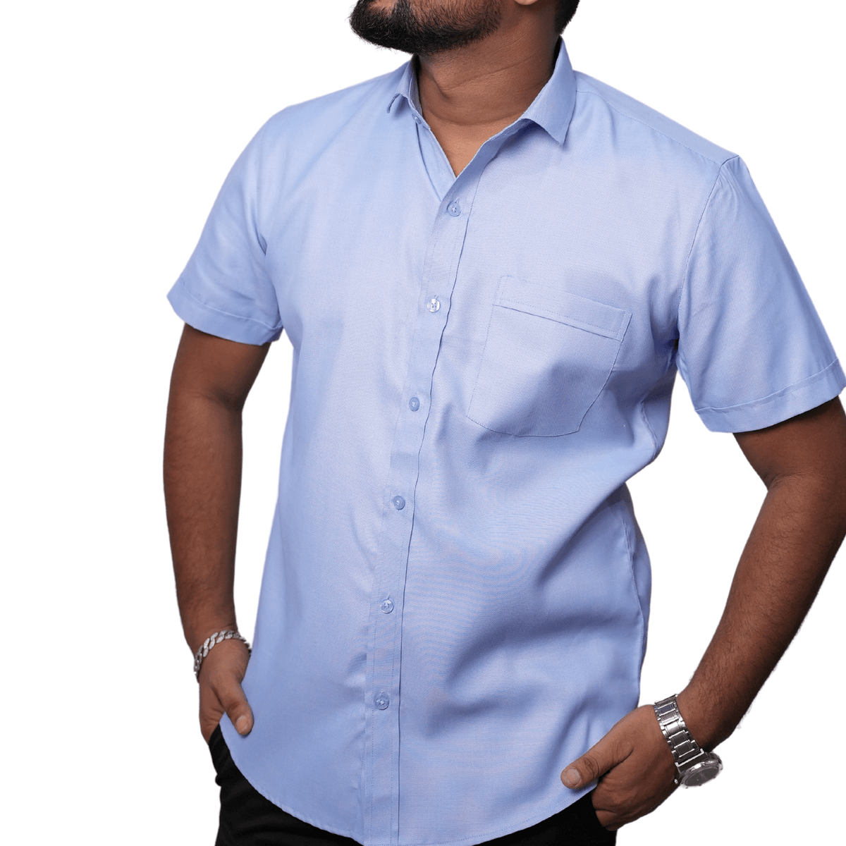Men's Chambray Half-Sleeve Shirt – Opaque Casual - GarmentGlobe Menswear Front View