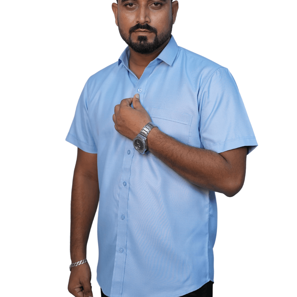 Men's Chambray Half-Sleeve Shirt – Opaque Casual - Fabric & Detail View