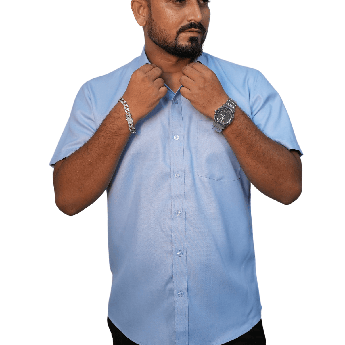 Men's Chambray Half-Sleeve Shirt – Opaque Casual - GarmentGlobe Style View 4