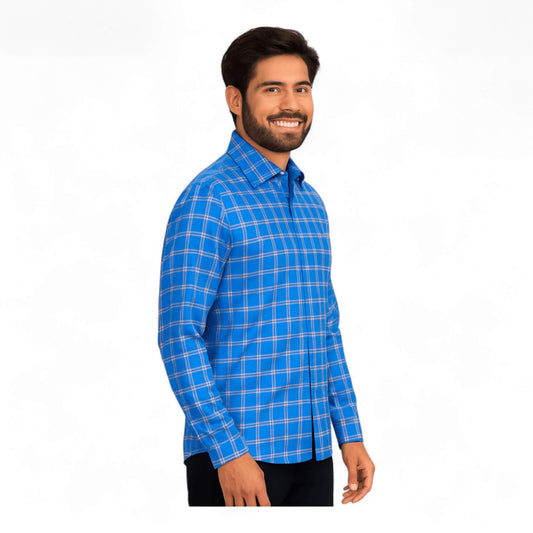 Garment Globe Men's Blue Check Shirt Khadi Cotton, Office & Home - GarmentGlobe