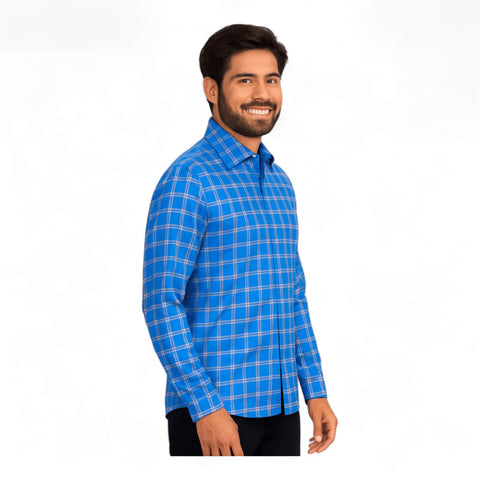 Garment Globe Men's Blue Check Shirt Khadi Cotton, Office & Home - GarmentGlobe